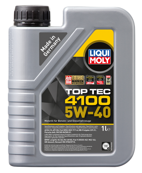 Liqui Moly 7500 масло моторное Top Tec 4100 (специально для MB, BMW, Porsche, VW, Audi под EURO4) 5w40 SN синтетическое 1л