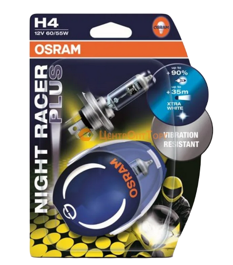 Автолампа 12V H4 (60/55) P43t-38+90% NIGHT RACER PLUS (блистер) OSRAM (О-64193NRPбл)