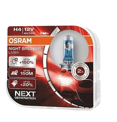 Автолампа 12V H4 (60/55) P43t-38+150% NIGHT BREAKER LASER (Евробокс, 2шт) 4050K OSRAM (О-64193NL2)