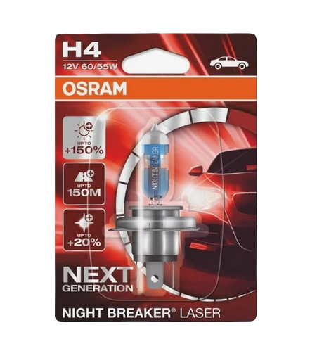 Автолампа 12V Н4 (60/55) P43t+150% NIGHT BREAKER LASER 4050K (блистер) OSRAM (О-64193NLбл