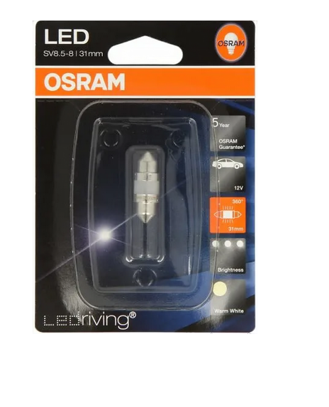 Автолампа 12V 1W (SV8.5/8) 31мм LEDRIVING WARM WHITE 4000К 360° (блистер)  OSRAM (O-6497WWбл)