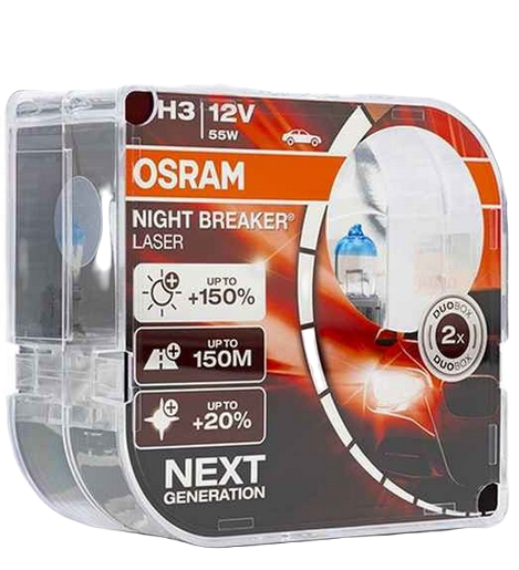 Автолампа 12V Н3 (55) PK22s+150% NIGHT BREAKER LASER 3400K (Евробокс, 2шт) OSRAM (О-64151NL2)