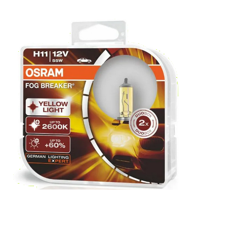 Автолампа 12V H11 (55) PGJ19-2+60% FOG BREAKER 2600К (евробокс,2шт) OSRAM (O-62211FBR2(EURO)