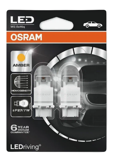 Автолампа 12V P27/7W (W2.5*16q) LED PREMIUM AMBER (блистер, 2шт) OSRAM (O-3557YE-2бл