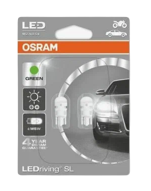 Автолампа 12V W5W (W2.1*9.5d) LED STANDART GREEN (блистер, 2шт) OSRAM (O-2880GR-2бл)