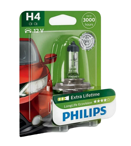 Автолампа 12V Н4 (60/55) Р43t-38 LONG LIFE ECO VISION (блистер) PHILIPS (P-12342 LLECOбл)