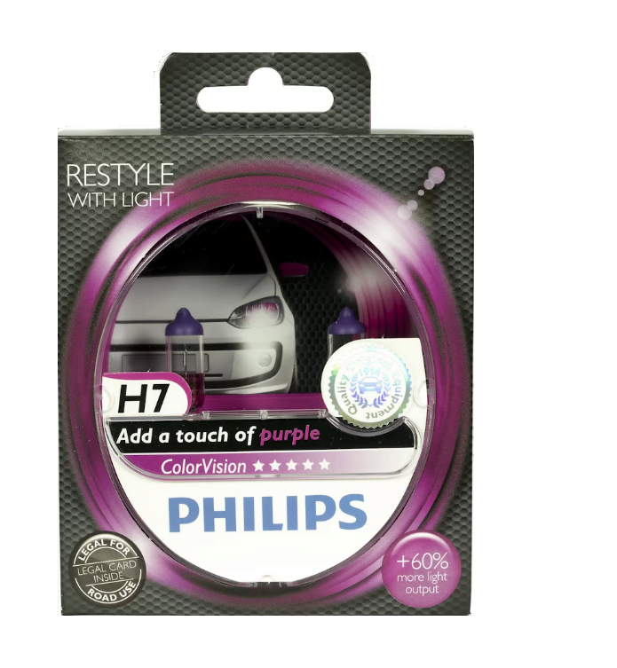 Автолампа 12V H4 (60/55) P43t-38+60% COLOR VISION PURPLE 3350K (2шт) PHILIPS (P-12342CVPP2)