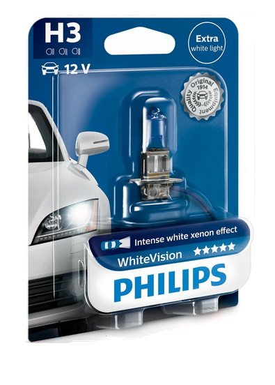 Автолампа 12V H3 (55) PK22s WHITE VISION 4300K (блистер)  PHILIPS (P-12336WHVбл)