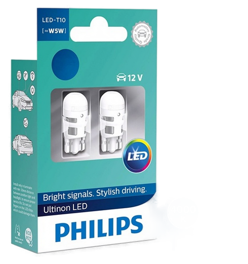 Автолампа 12V T10W (W2.1x9.5d) ULTINON/LED COOL WHITE 4000K (блистер,2шт)  PHILIPS (P-11961ULWX2K-4K)