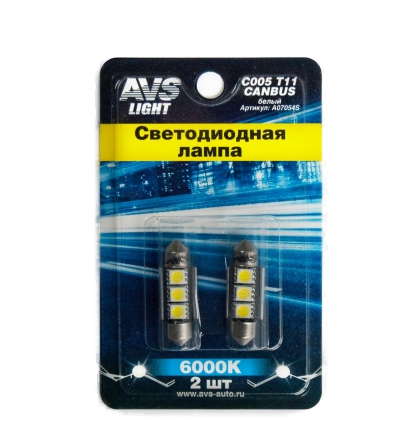 A07054S Автолампа 12V C005 T11 (SV8.5) 36мм 4SMD 5050 Св/д AVS (белый, блистер 2шт)