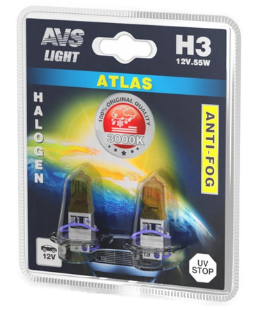 A78622S Автолампа 12V H3 (55) ATLAS ANTI-FOG галоген желтый AVS (блистер, 2шт)