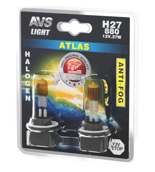 A78620S Автолампа 12V H27/880 (27) ATLAS ANTI-FOG галоген желтый AVS (блистер, 2шт)